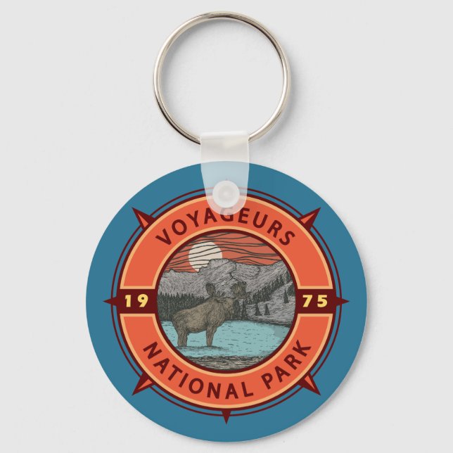 Voyageurs nationalpark Moose Retro Compass Emblem Nyckelring (Framsida)
