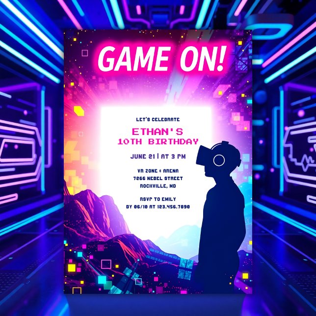 VR-Födelsedagsfest för spel på för barn och spelar Inbjudningar (Personalized VR Birthday Party Invitation Virtual Reality Theme for Boys & Gamer Kids)