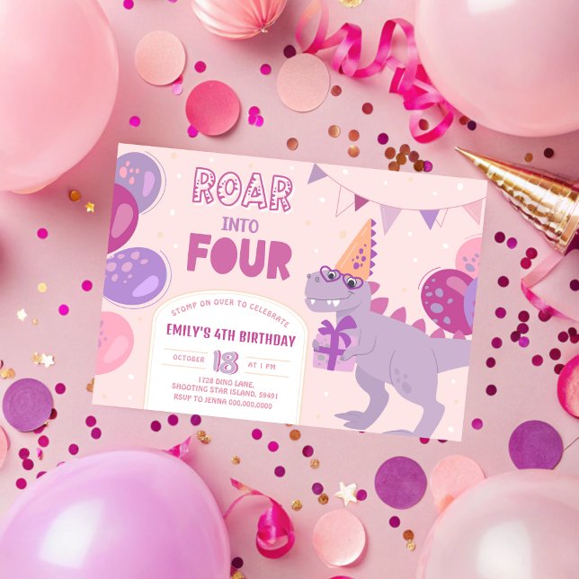 Vråla in i 4 inbjudningar. Dinosaurietunge 4:e Inbjudningar (Roar Into 4 Invitations. Dinosaur Girl 4th Invitation
)