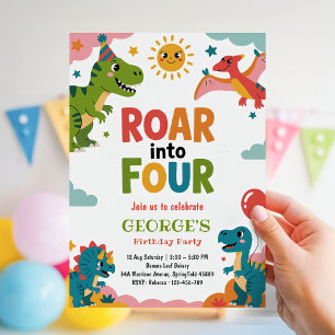 Vråla in i fyra pojke dinosaurie 4-årsdag inbjudningar