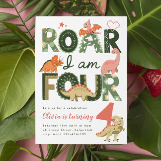 Vråla jag är fyra, rosa boho dinosaurie 4-års föd Inbjudningar