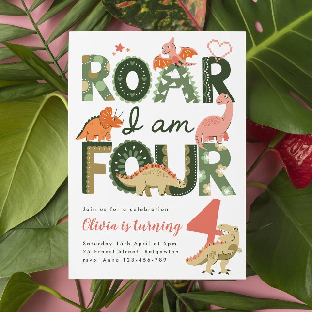  Vråla jag är fyra, rosa boho dinosaurie 4-års föd Inbjudningar (Skapare uppladdad)