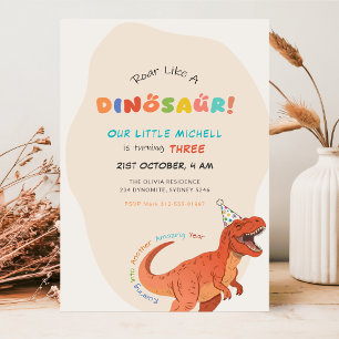 Vråla som en dinosaurie Vattenfärg Trex 3-års föde Inbjudningar