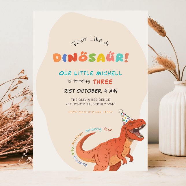 Vråla som en dinosaurie Vattenfärg Trex 3-års föde Inbjudningar (Skapare uppladdad)