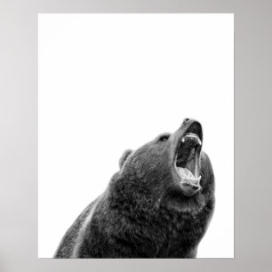 Vrålande Grizzlybjörn Svart Vit modern Poster