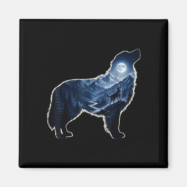 Vrålande hund månljust bergsskogs silhuett konst magnet (Framsidan)
