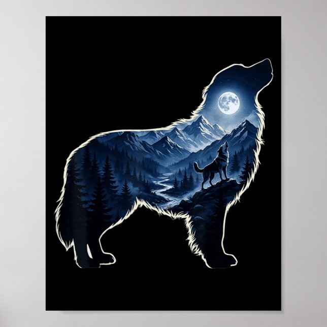 Vrålande hund månljust bergsskogs silhuettkonst poster (Framsidan)
