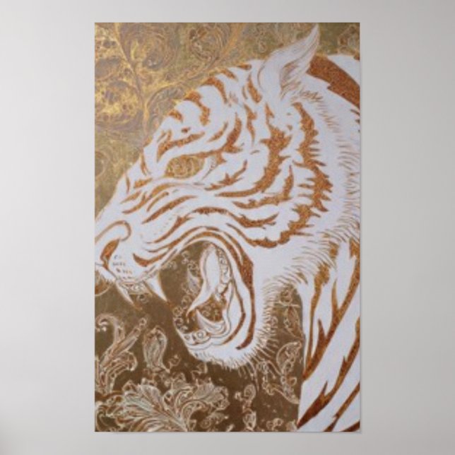Vrålande vit tiger-affisch – utsmyckad gulddesign poster (Framsidan)