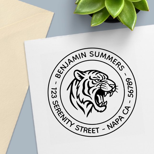 Vred Tiger Profil Rund Adress Självfärgande Stämpel (Skapare uppladdad)