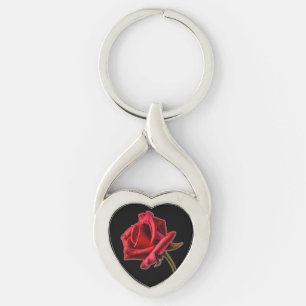 Vriden hjärtaröd ros på svart Keychain Twisted Heart Silverfärgad Nyckelring