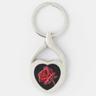 Vriden hjärtaröd ros på svart Keychain Twisted Heart Silverfärgad Nyckelring