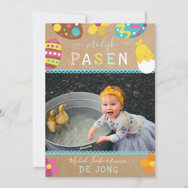 Vrolijk Pasen Foto Familie Mooi Feestdagenkaart Julkort (Framsida)