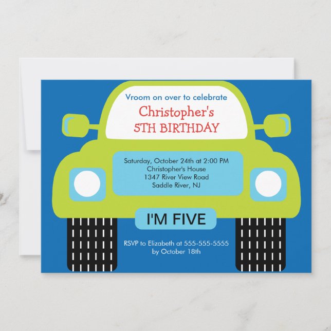 Vroom bilfödelsedagsfest för pojkar inbjudningar (Framsida)
