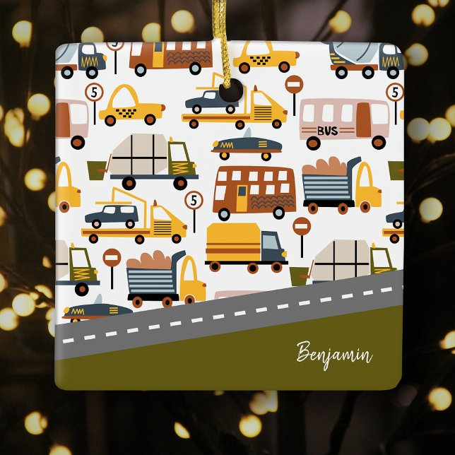 Vroom! Kar Transport Mönster Boy-jul Julgransprydnad Keramik (Skapare uppladdad)