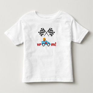 Vroom lurar tävlingbilen och den rutiga flaggor tee