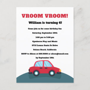 Vroom Vroom Bilar Födelsedagsfest Inbjudan