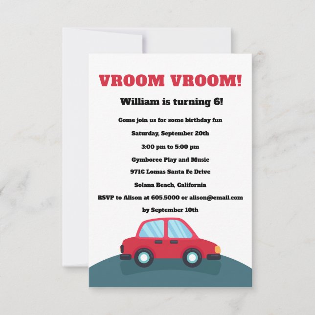 Vroom Vroom Cars Födelsedagsfest inbjudan (Framsida)