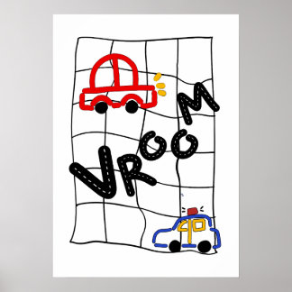 Vroom Vroom! Färgglad Handritad Bil & Polisbilar Poster