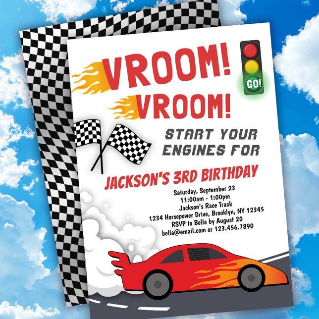 Vroom Vroom Tävling Car Födelsedagsfest inbjudan (Skapare uppladdad)