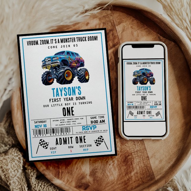 Vroom Zoom Monster Lastbil Boom | Första födelseda Inbjudningar (Skapare uppladdad)