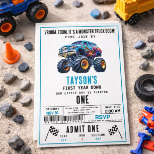 Vroom Zoom Monster Truck Boom 1-års födelsedagsf Inbjudningar