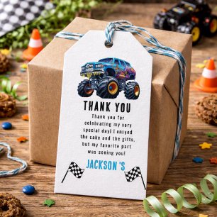 Vroom Zoom Monster Truck Boom 1-års födelsedagsf Presentetikett