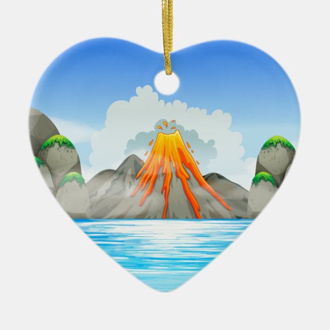Vulkanutbrott på sjön julgransprydnad keramik (Framsidan)