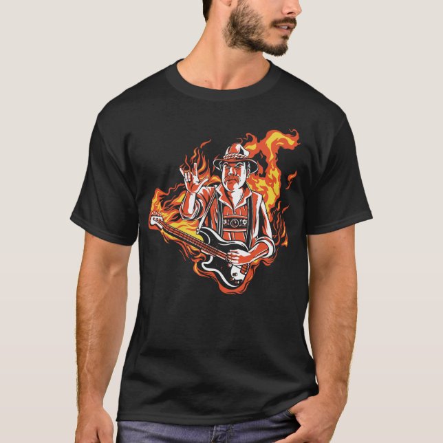 Vurige Lederhose met Bass-Gitaar en Vlammen T Shirt (Framsida)