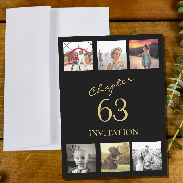 Vuxen 6 Fotosvart och Guld oavsett ålder Inbjudningar (Black and gold birthday party invitation for any age. Your favorite 6 photos in a collage template.)