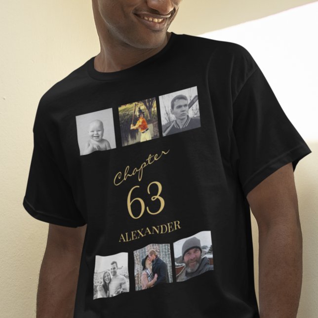 Vuxen 6 Fotosvart och Guld oavsett ålder T Shirt (Black and gold birthday t-shirt with 6 photo template. )