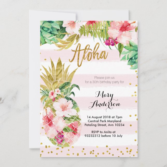 Vuxen Aloha Guld Pineapple Birthday Investigation  Inbjudningar (Framsida)