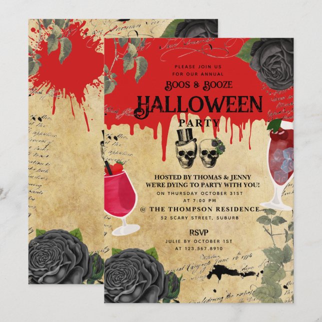 Vuxen årlig Halloween-fest Gotiska kranier Blod Inbjudningar (Fram/baksida)