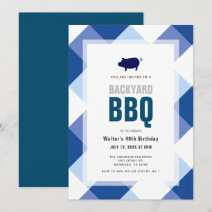 VUXEN Bendag för BBQ Gris Roast Navy Gingham- Inbjudningar