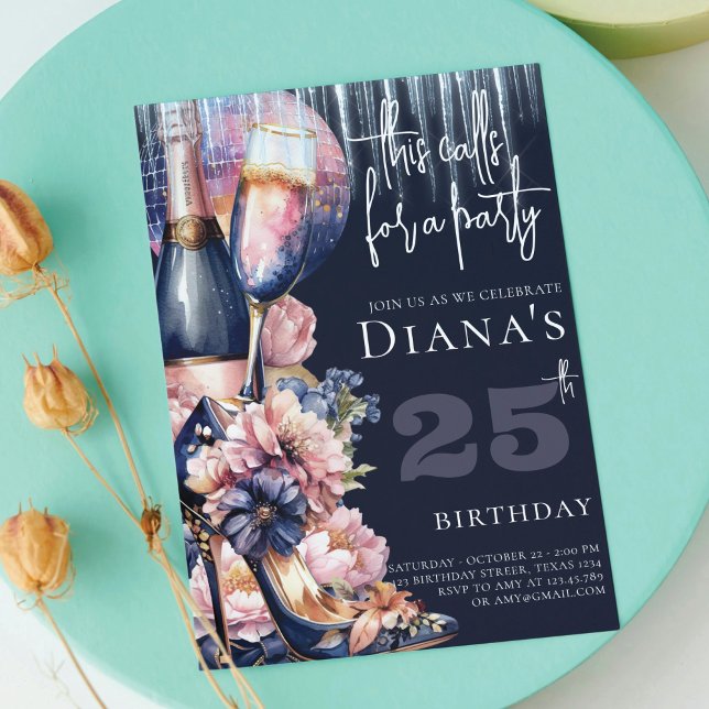 Vuxen Birthday Blue Rosa Heel Champagne Inbjudningar (Skapare uppladdad)