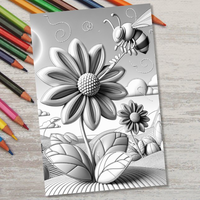 Vuxen Coloring 3D Blommigt Botanical Bumblebee Poster (Skapare uppladdad)
