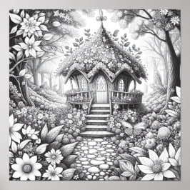 Vuxen Coloring Blommigt Fairy House Forest Poster
