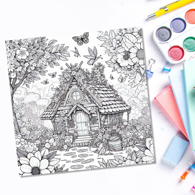 Vuxen Coloring Blommigt Fairy House Forest Poster (Skapare uppladdad)