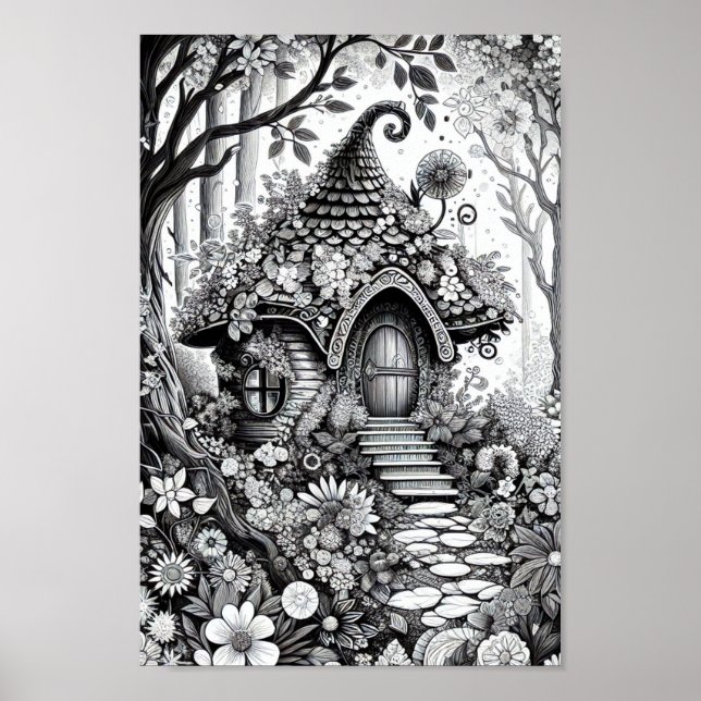 Vuxen Coloring Blommigt Fairy House Poster (Framsidan)