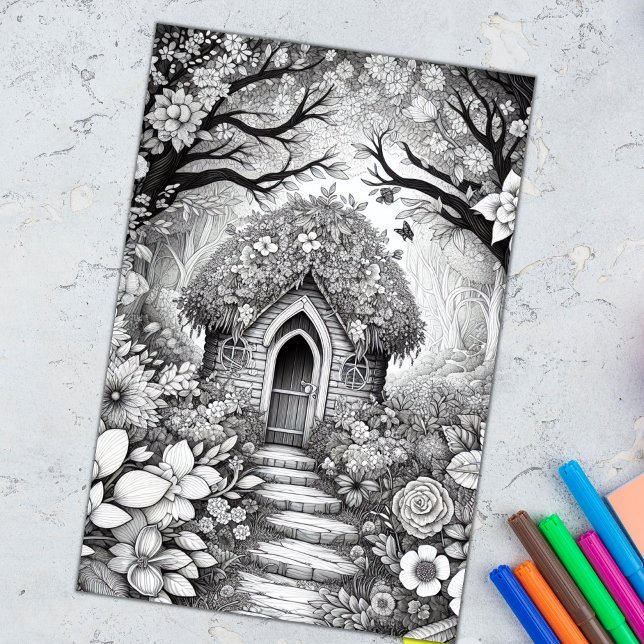 Vuxen Coloring Blommigt Fairy House Poster (Skapare uppladdad)