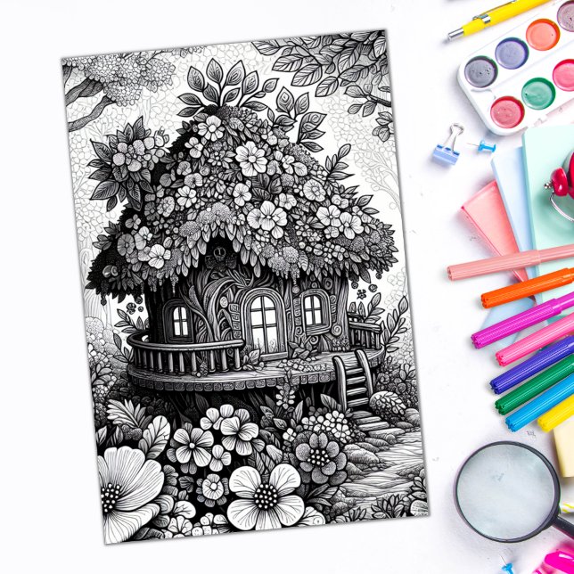 Vuxen Coloring Blommigt Fairy House Poster (Skapare uppladdad)