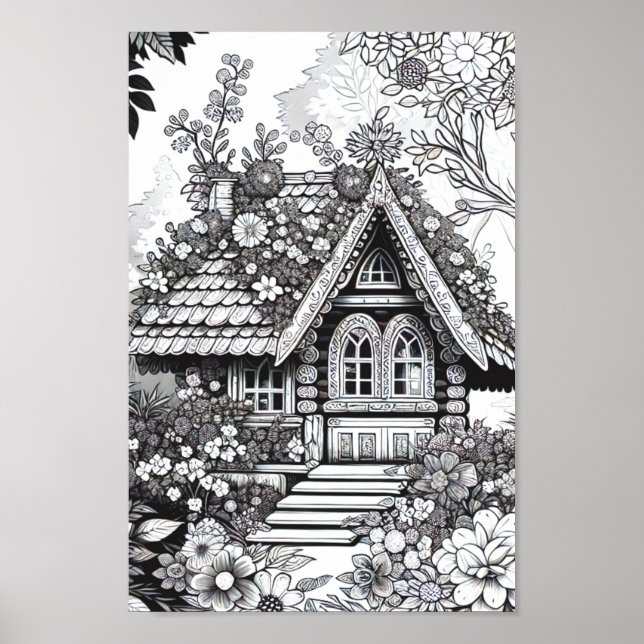 Vuxen Coloring Blommigt Fairy House Poster (Framsidan)