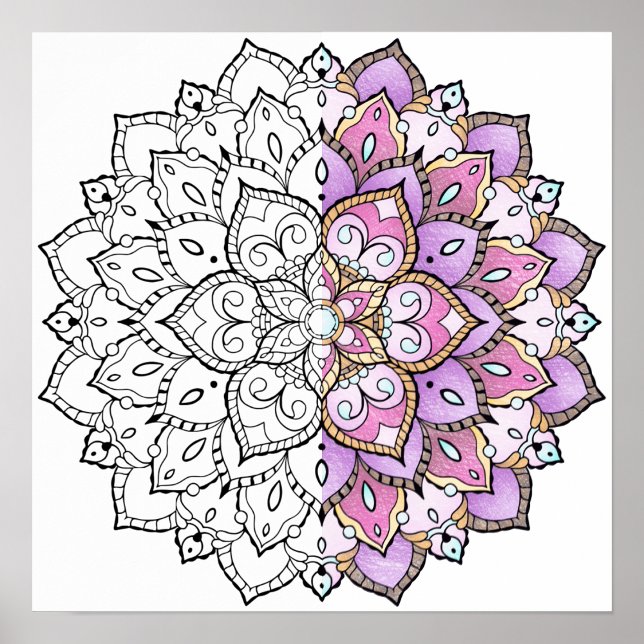 Vuxen Coloring Mandala Poster (Partially colored Adult Coloring Mandala Poster sample)