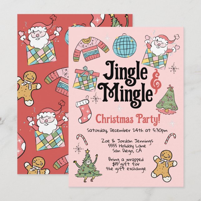 Vuxen eller Kids Retro Doodle jul Party Inbjudningar (Fram/baksida)