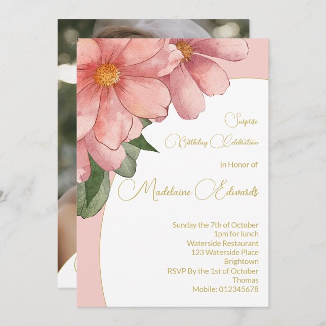 Vuxen Fågeldags Blommigt för foto Rosa Guld Elegan Inbjudningar (Fram/baksida)