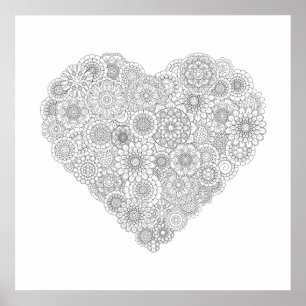 Vuxen Färgning Flower Heart Poster (medel)