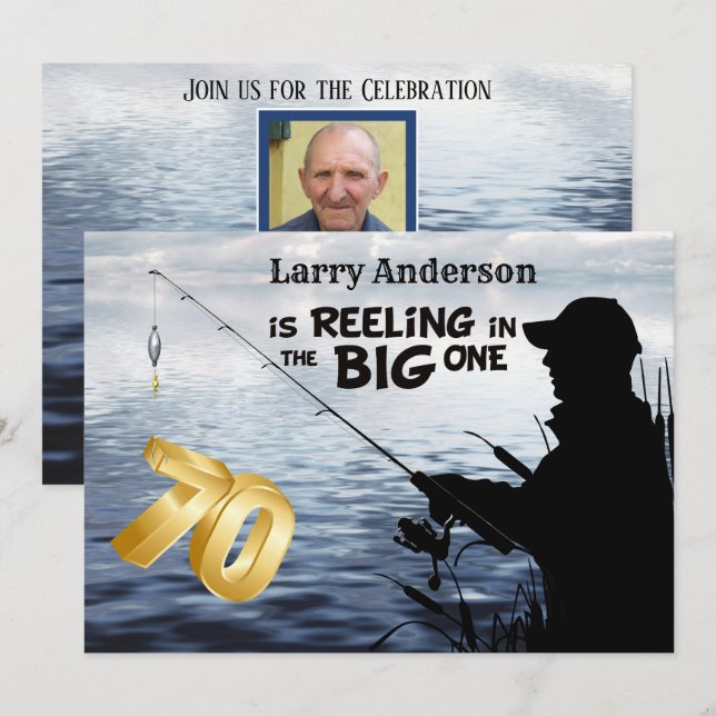 Vuxen Fiskare Milestone 70 Birthday the Big One Inbjudningar (Fram/baksida)