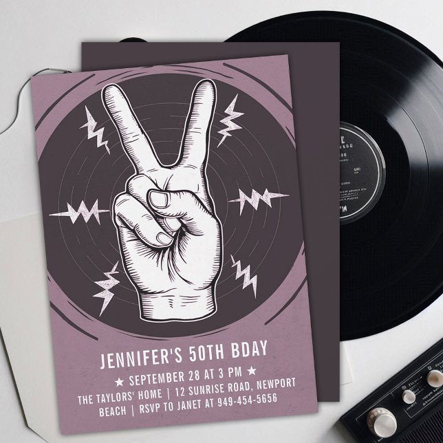 Vuxen för Rosa i Fredsteckenet sten Party Modern f Inbjudningar (music musician rock adult birthday party invitation men modern lavender pink peace sign drawing)