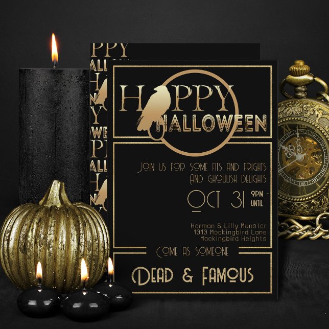 Vuxen Glam Halloween fest i Modern Black Guld Chic Inbjudningar (Elegant black and gold Halloween invitations)