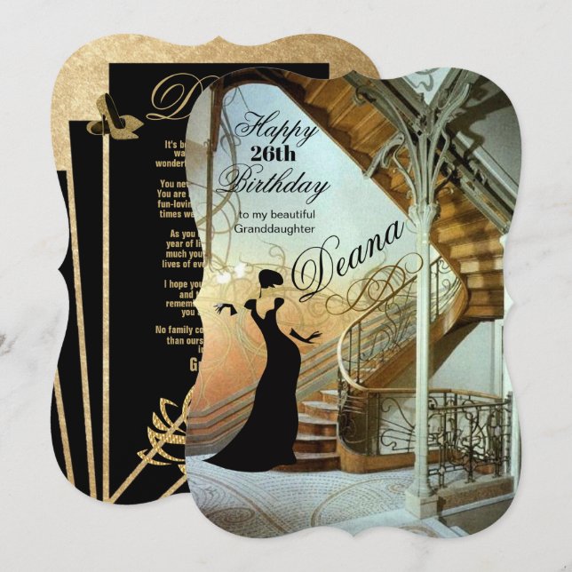 Vuxen Granddotter Birthday Art Deco-kort Inbjudningar (Fram/baksida)