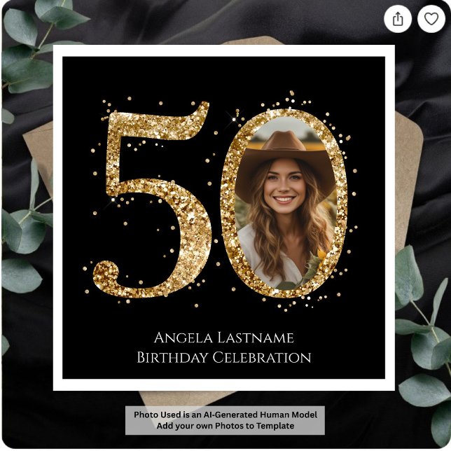 Vuxen Guld Glitter 50-års födelsedagsfoto Pappersservett (Skapare uppladdad)